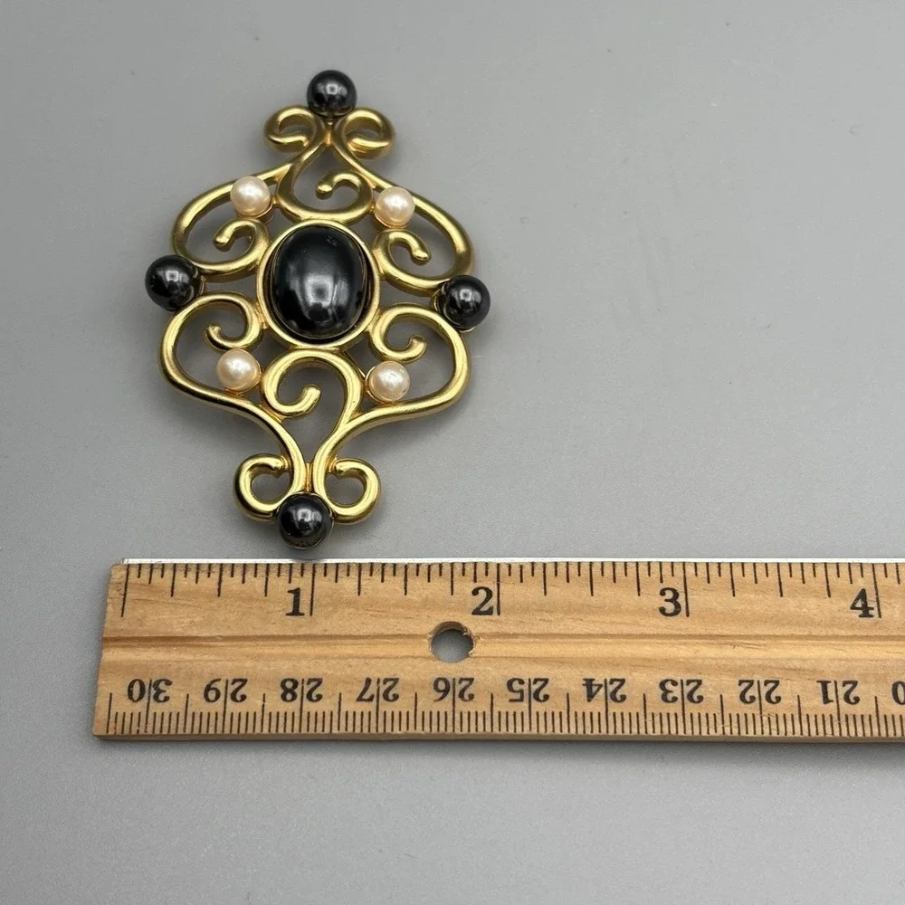 Vintage Monet Pin Brooch Gold Tone Simulated Pearls Scrolls Etruscan Revival